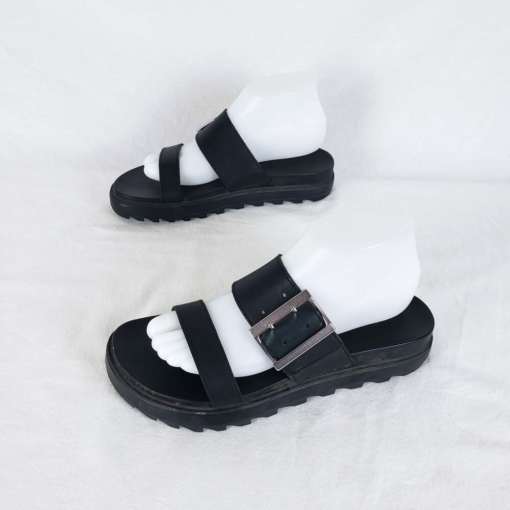Sorel Roaming Buckle Slide Two-Strap Sandals Womens 8.5 Leather Black Lug Sole